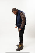 Men's Classic Wool And Leather Varsity Jacket [Navy/Chocolate]