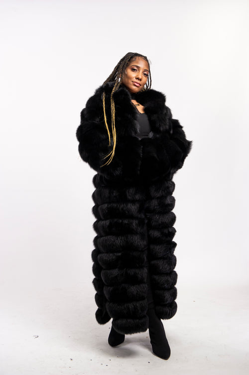 Women's Full Length Fox Fur Trench Coat [Black]