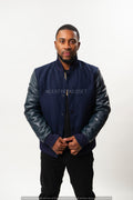 Men's Classic Wool And Leather Varsity Jacket [Navy/Navy]