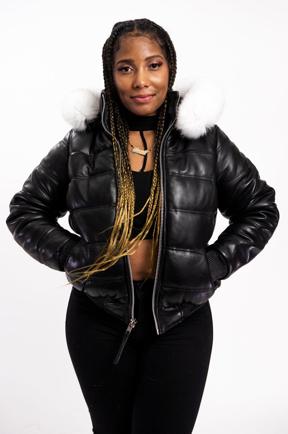 Women's Leather Snorkel Bomber Jacket Premium Fox