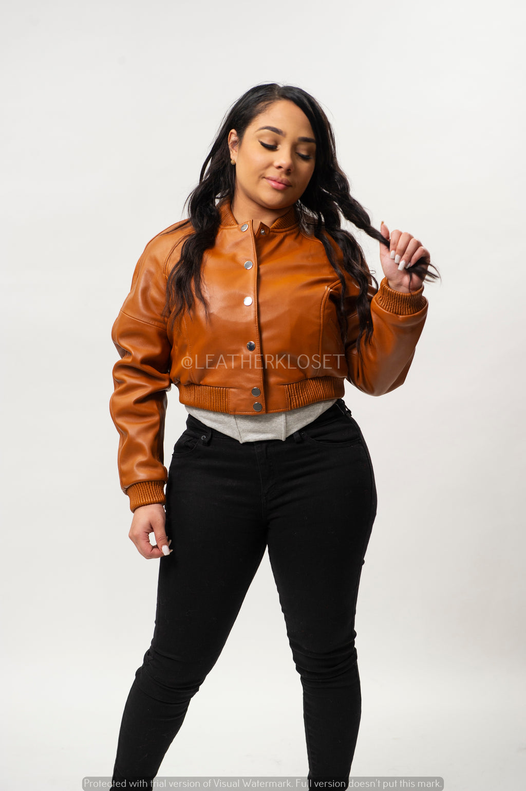Women's Crop Leather Varsity Jacket [Saddle Brown]