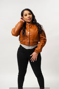 Women's Crop Leather Varsity Jacket [Saddle Brown]