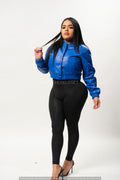 Women's Crop Leather Varsity Jacket [Royal Blue]