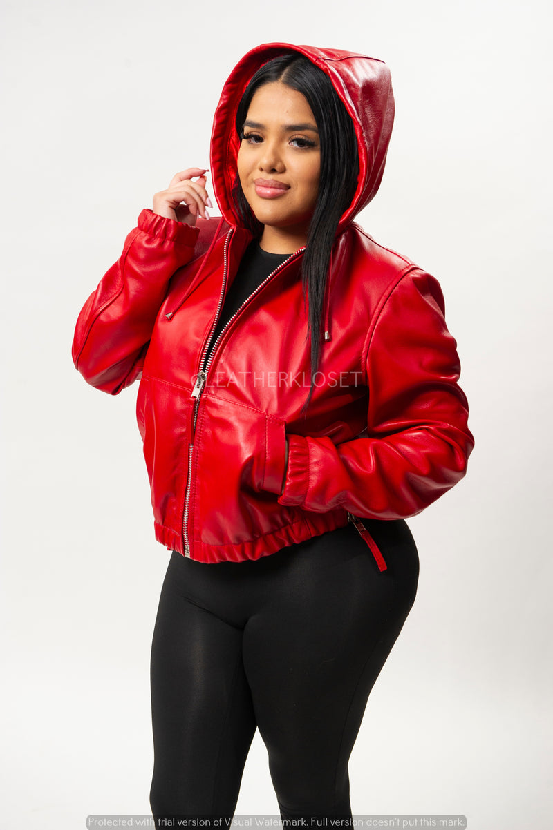 Women's Leather Hoodie [Red]