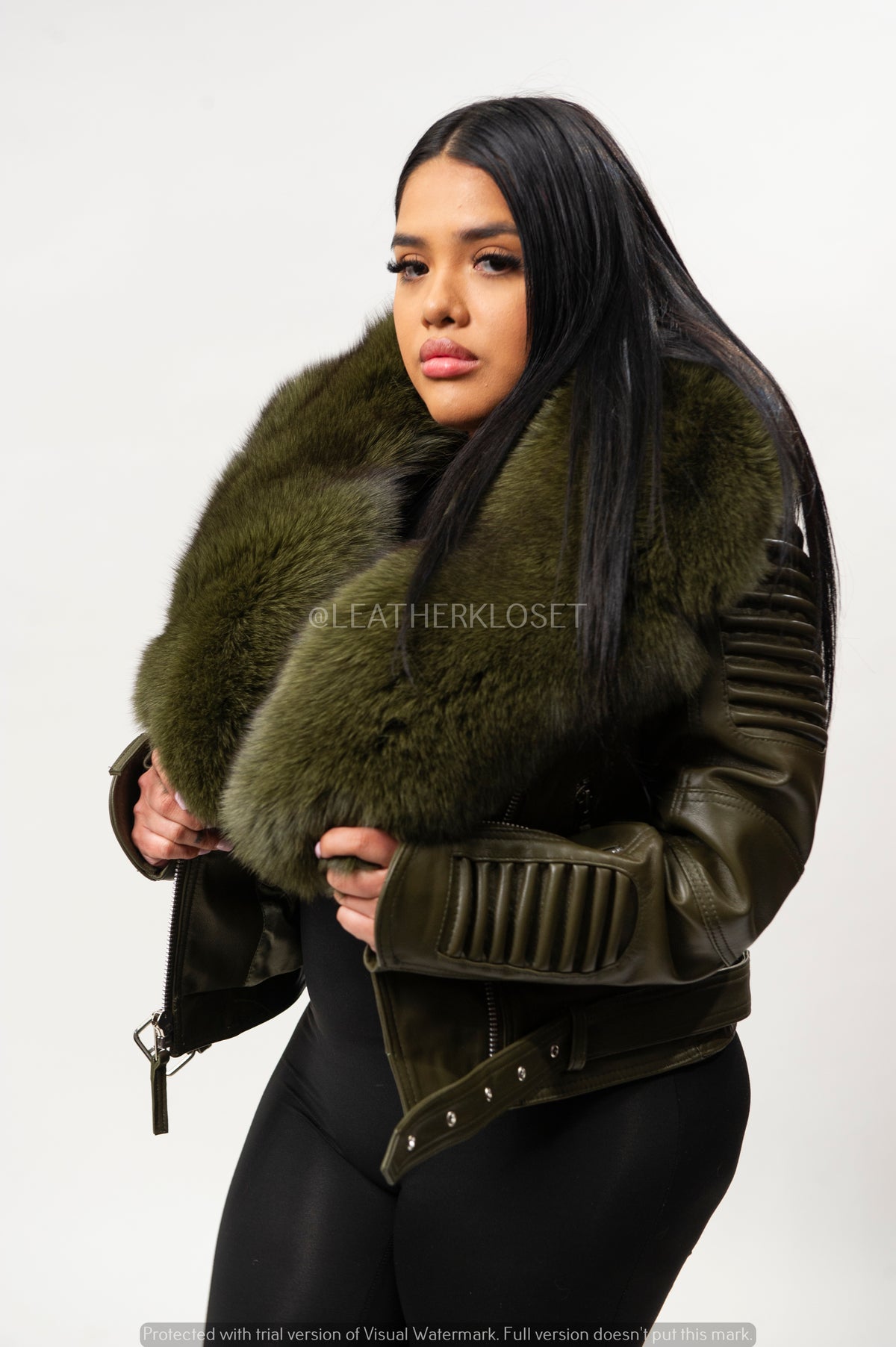 Women's Trey Biker Olive Oversized Fox Collar [Olive Fox Fur]