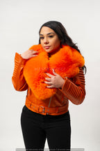 Women's Trey Biker Orange Oversized Fox Collar [Orange Fox Fur]