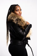 Women's Trey Biker Black Oversized Fox Collar [Raccoon Fur]