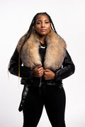 Women's Trey Biker Black Oversized Fox Collar [Crystal Fox Fur]