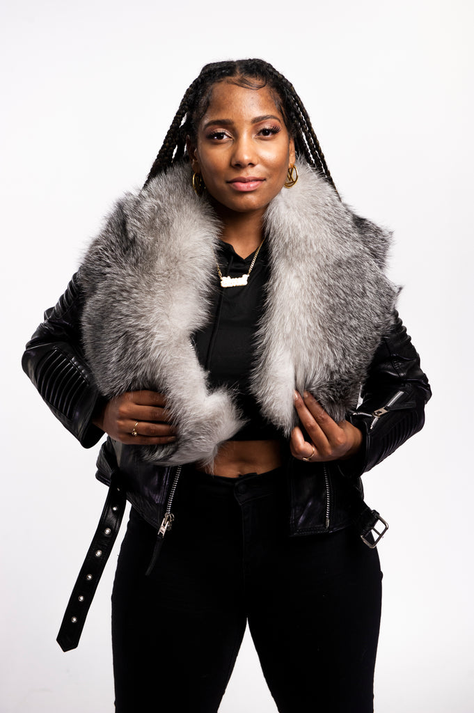 Women's Trey Biker Black Oversized Fox Collar [Silver Fox Fur ...