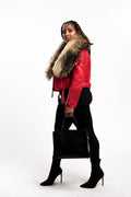Women's Trey Biker Red Oversized Fox Collar [Raccoon Fur]