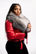 Women's Trey Biker Red Oversized Fox Collar [Silver Fox Fur]
