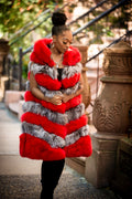 Women's Mia Fox Fur Vest Two-Tone With Hood [Red/Silver]