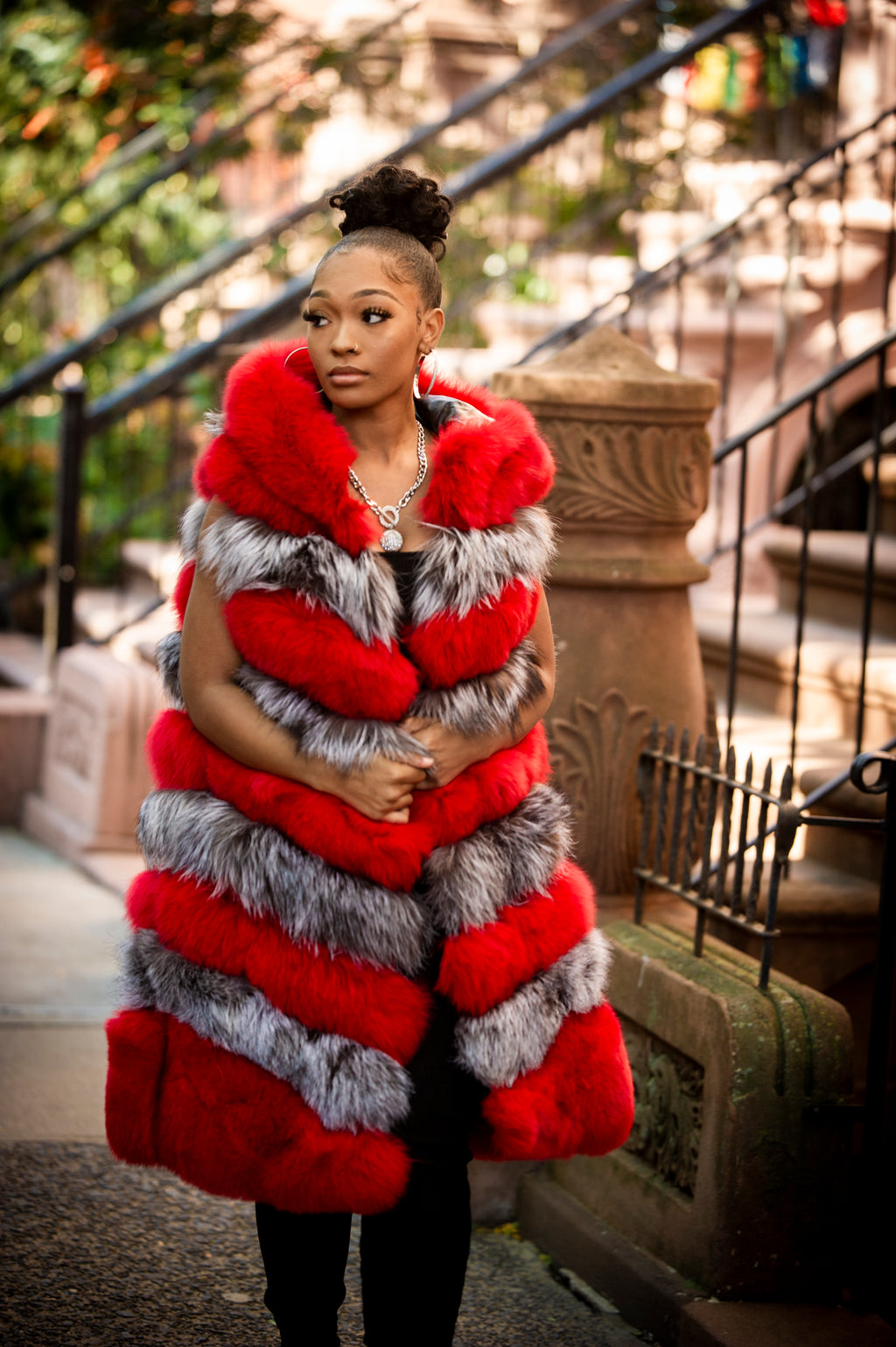 Women's Mia Fox Fur Vest Two-Tone With Hood [Red/Silver]