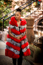 Women's Mia Fox Fur Vest Two-Tone With Hood [Red/Silver]