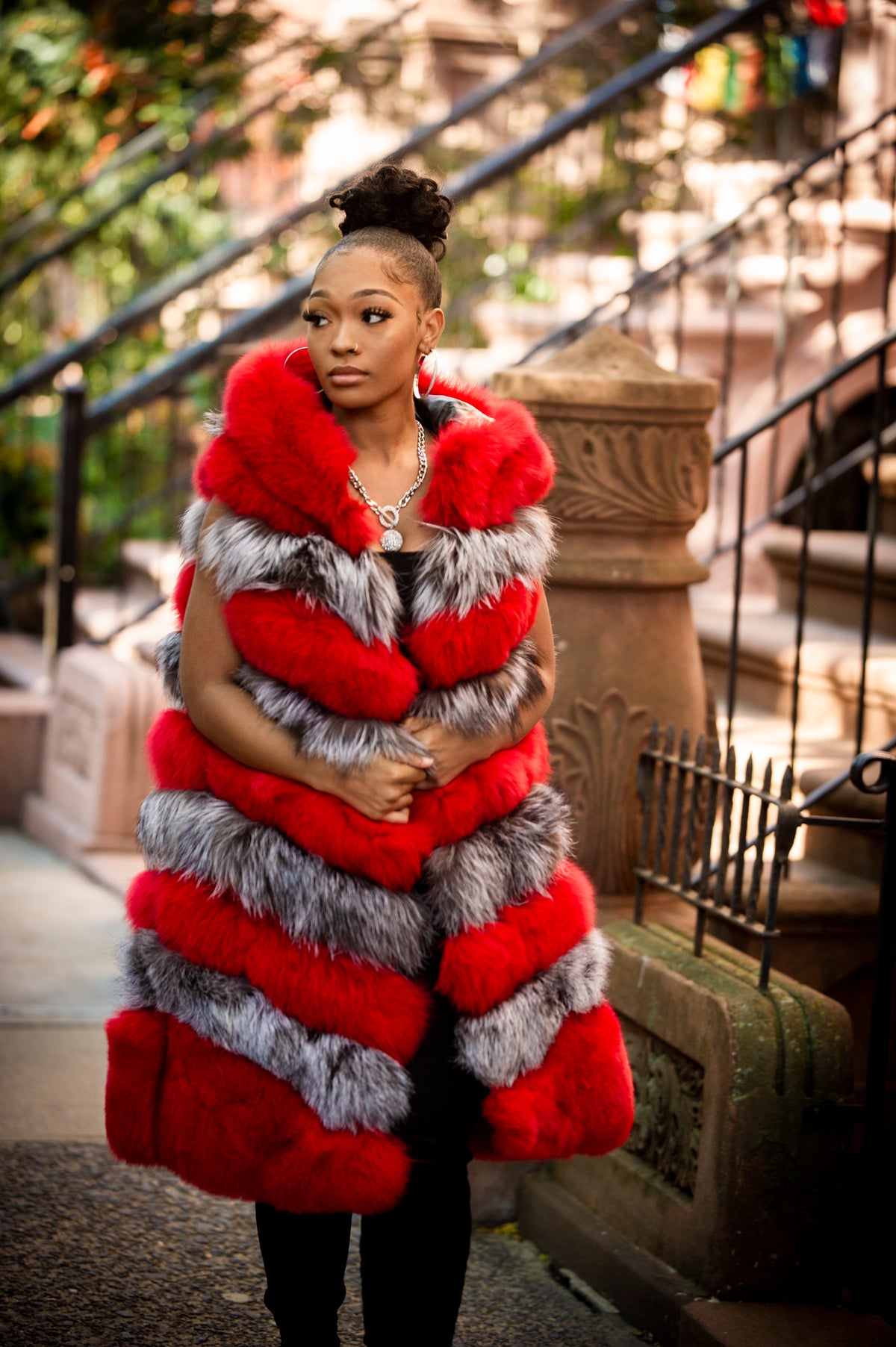 Women's Mia Fox Fur Vest Two-Tone With Hood [Red/Silver]