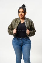 Women's Crop Leather Varsity Jacket [Olive]