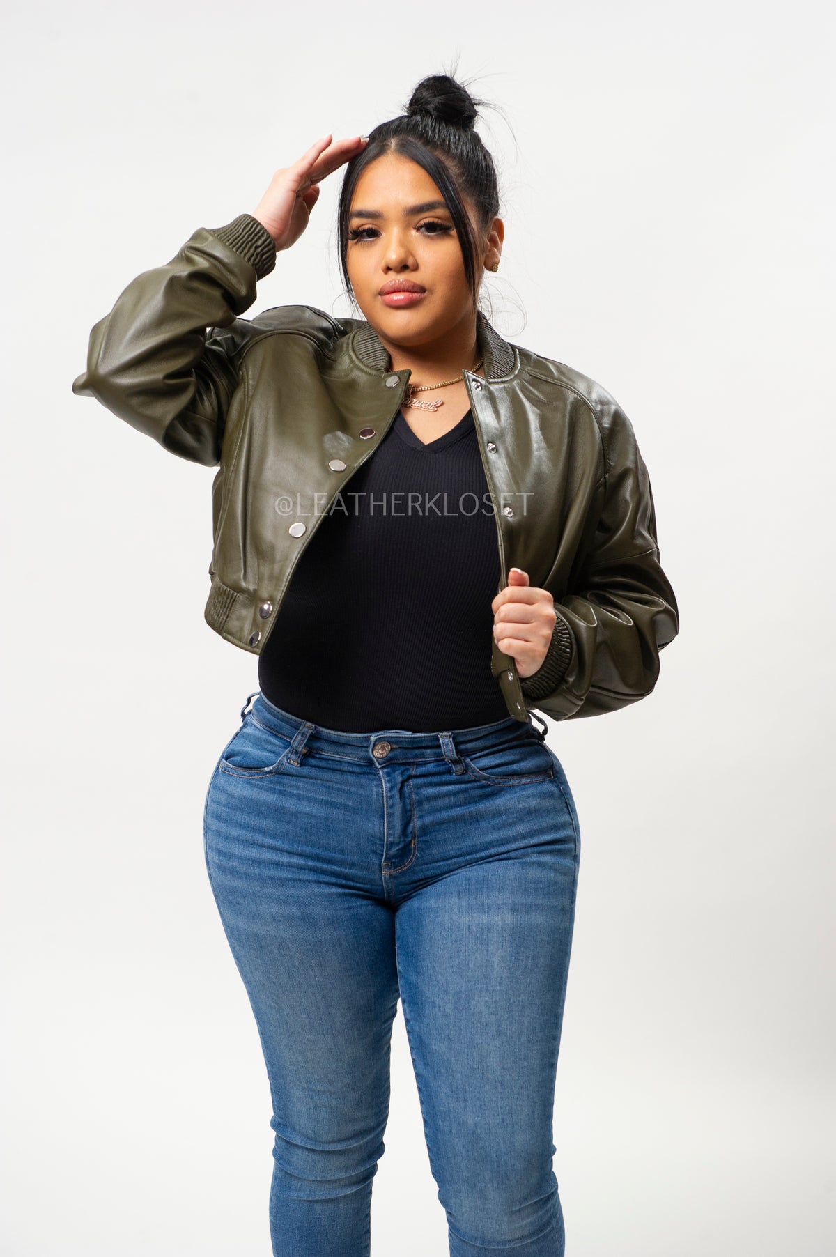 Women's Crop Leather Varsity Jacket [Olive]