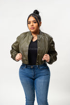 Women's Crop Leather Varsity Jacket [Olive]
