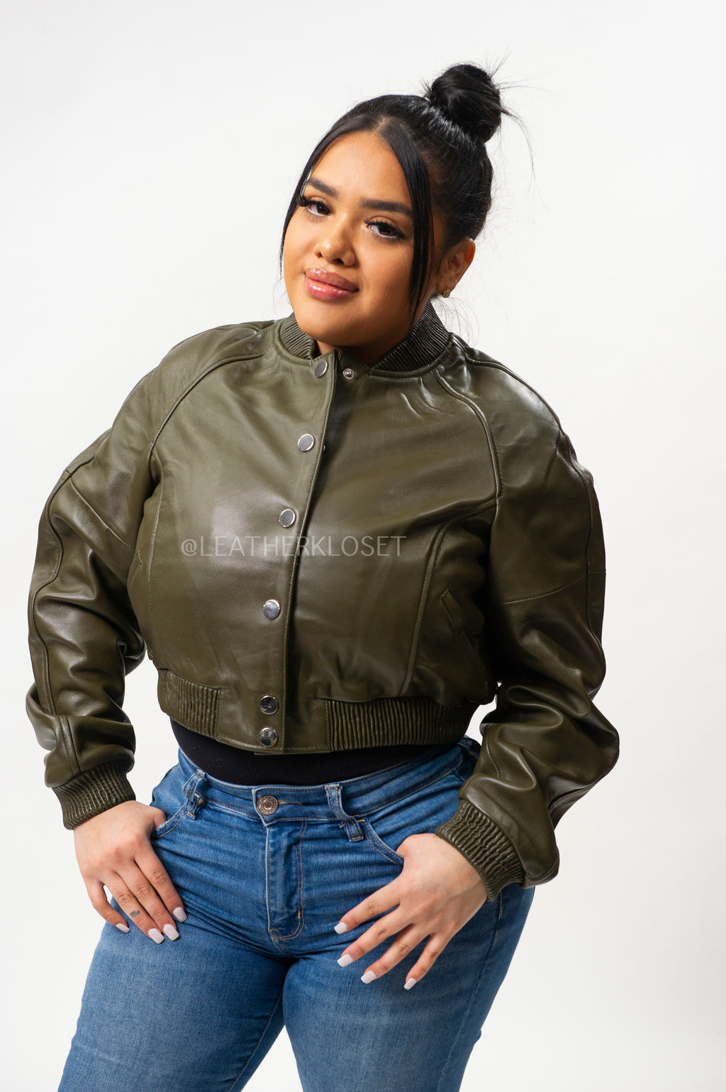 Women's Crop Leather Varsity Jacket [Olive]
