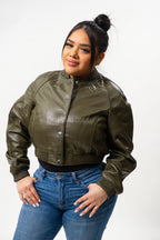 Women's Crop Leather Varsity Jacket [Olive]