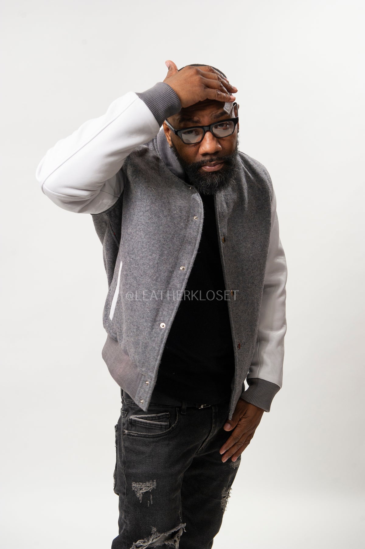 Men's Classic Wool And Leather Varsity Jacket [Gray/White]