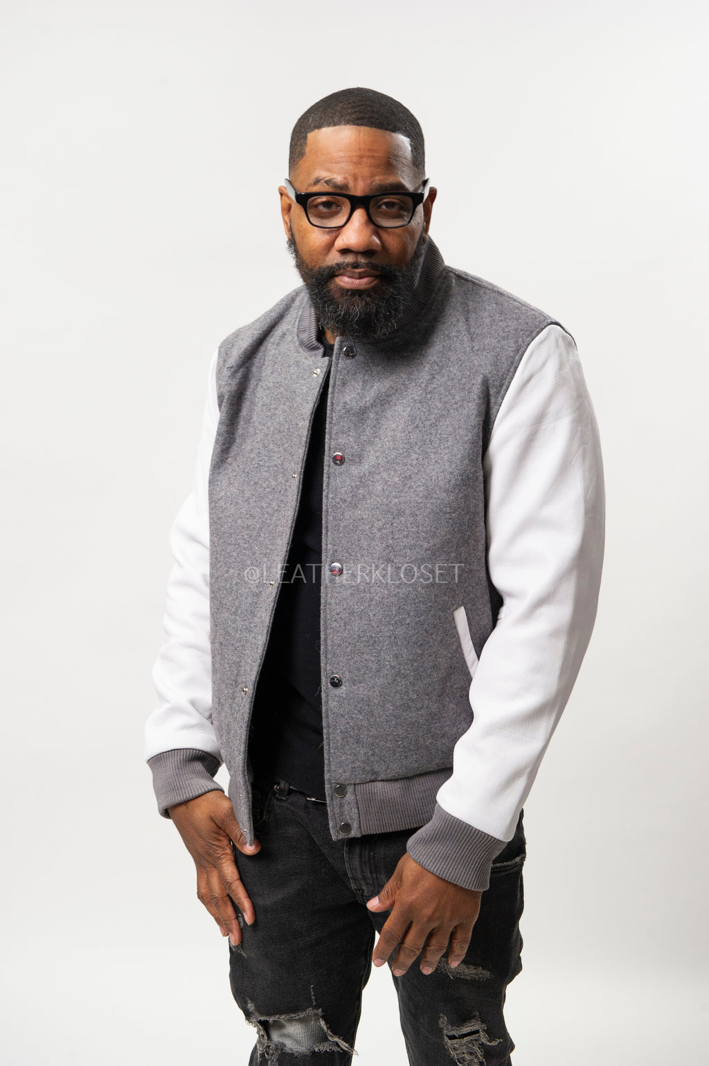 Men's Classic Wool And Leather Varsity Jacket [Gray/White]