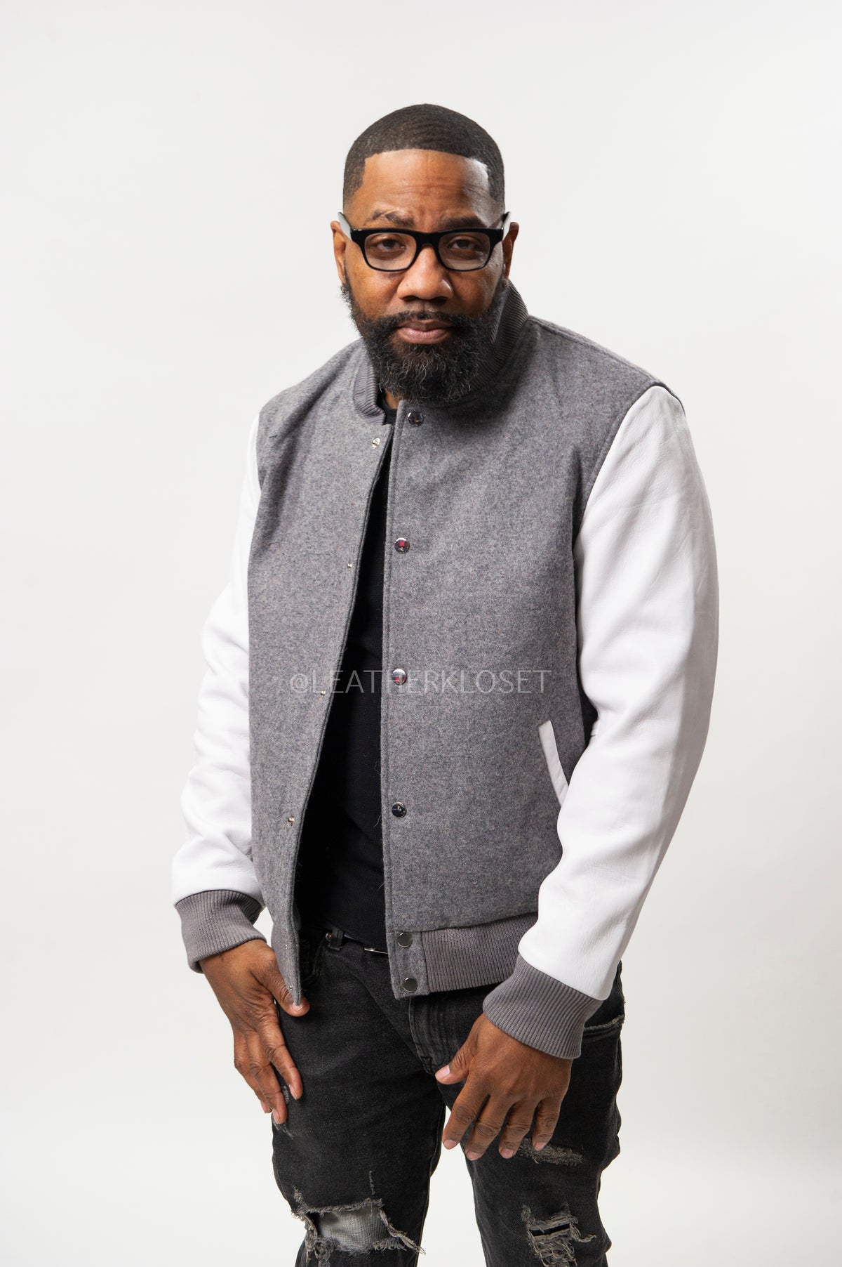 Men's Classic Wool And Leather Varsity Jacket [Gray/White]