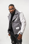 Men's Classic Wool And Leather Biker Jacket [Gray/White]