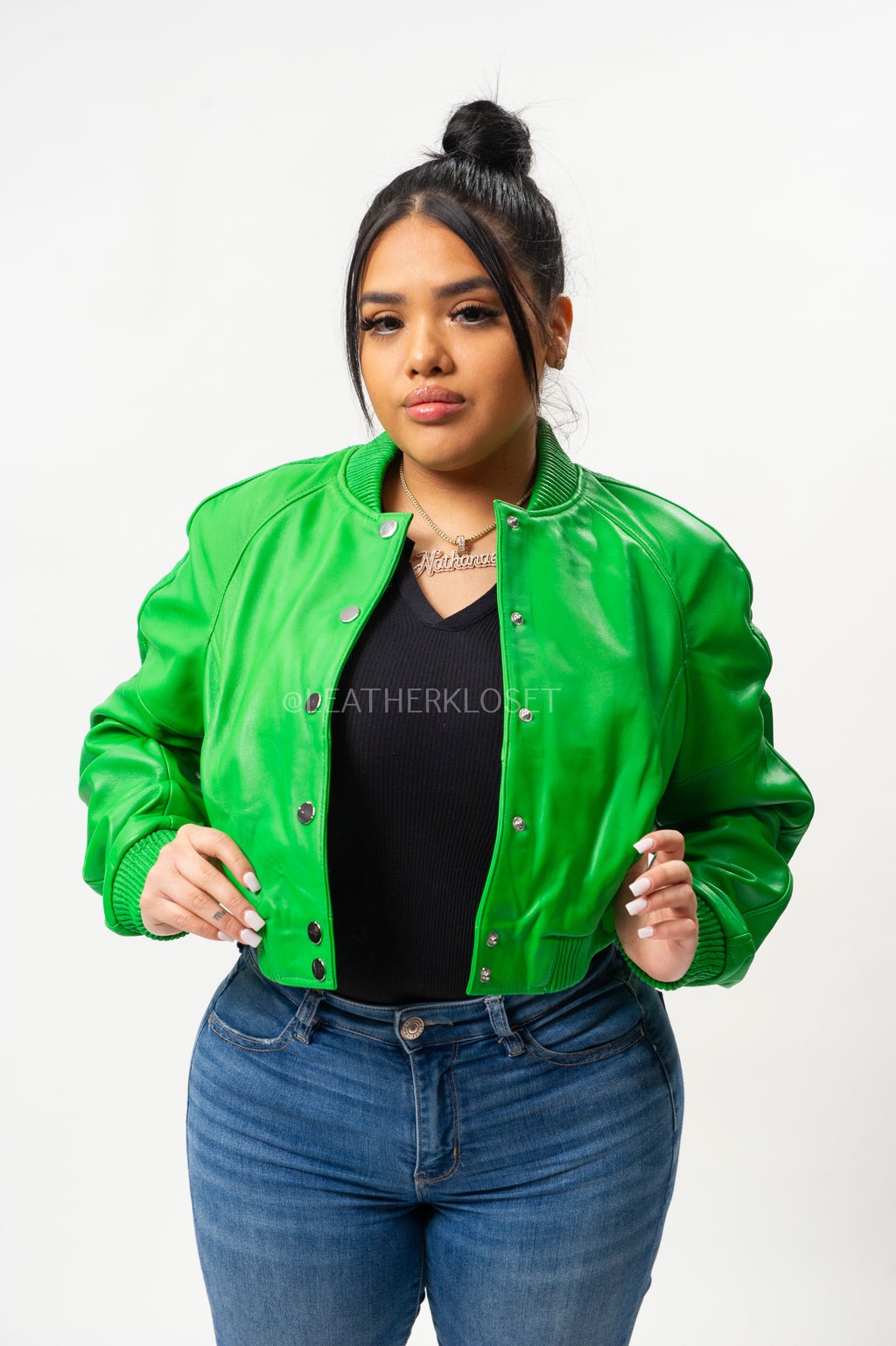 Women's Crop Leather Varsity Jacket [Green]