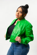 Women's Crop Leather Varsity Jacket [Green]
