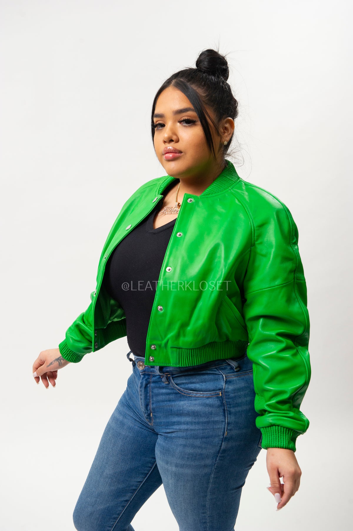 Women's Crop Leather Varsity Jacket [Green]
