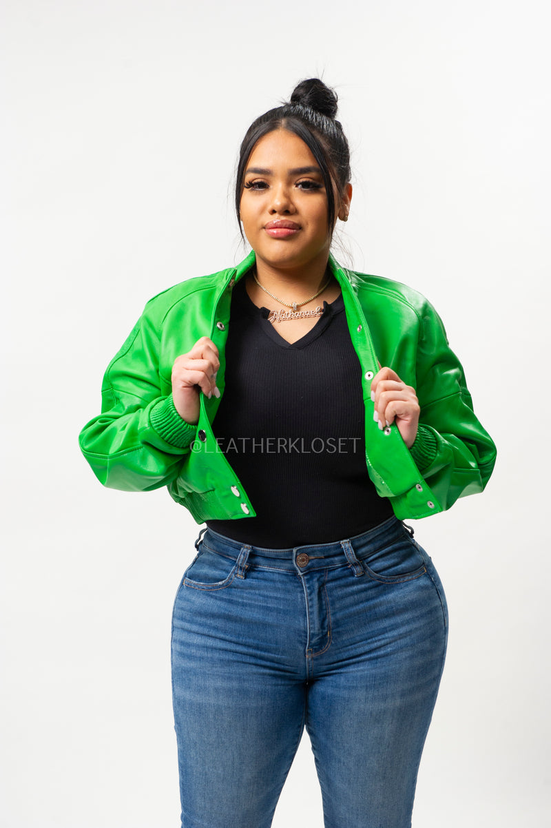 Women's Crop Leather Varsity Jacket [Green]