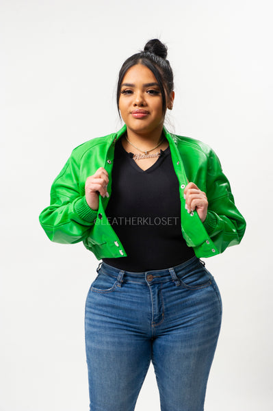Women's Crop Leather Varsity Jacket [Green] – LeatherKloset