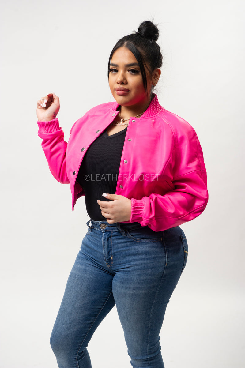 Women's Crop Leather Varsity Jacket [Pink]