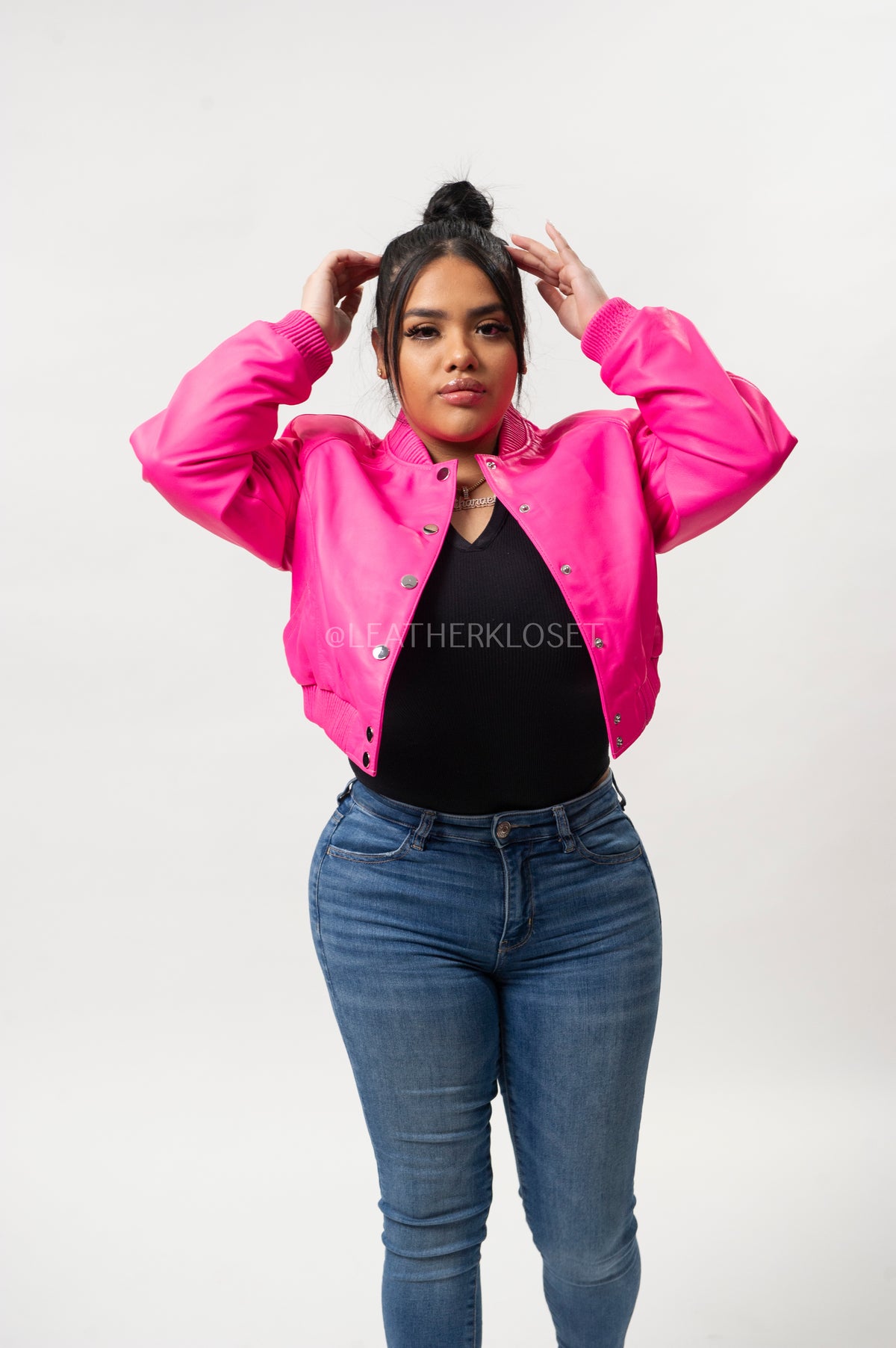 Women's Crop Leather Varsity Jacket [Pink]