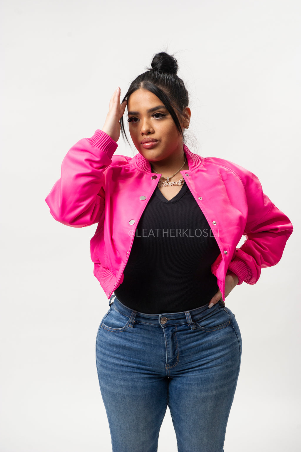 Women's Crop Leather Varsity Jacket [Pink]