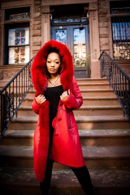 Women's Scarlett Real Sheepskin Jacket With Fox [Red]