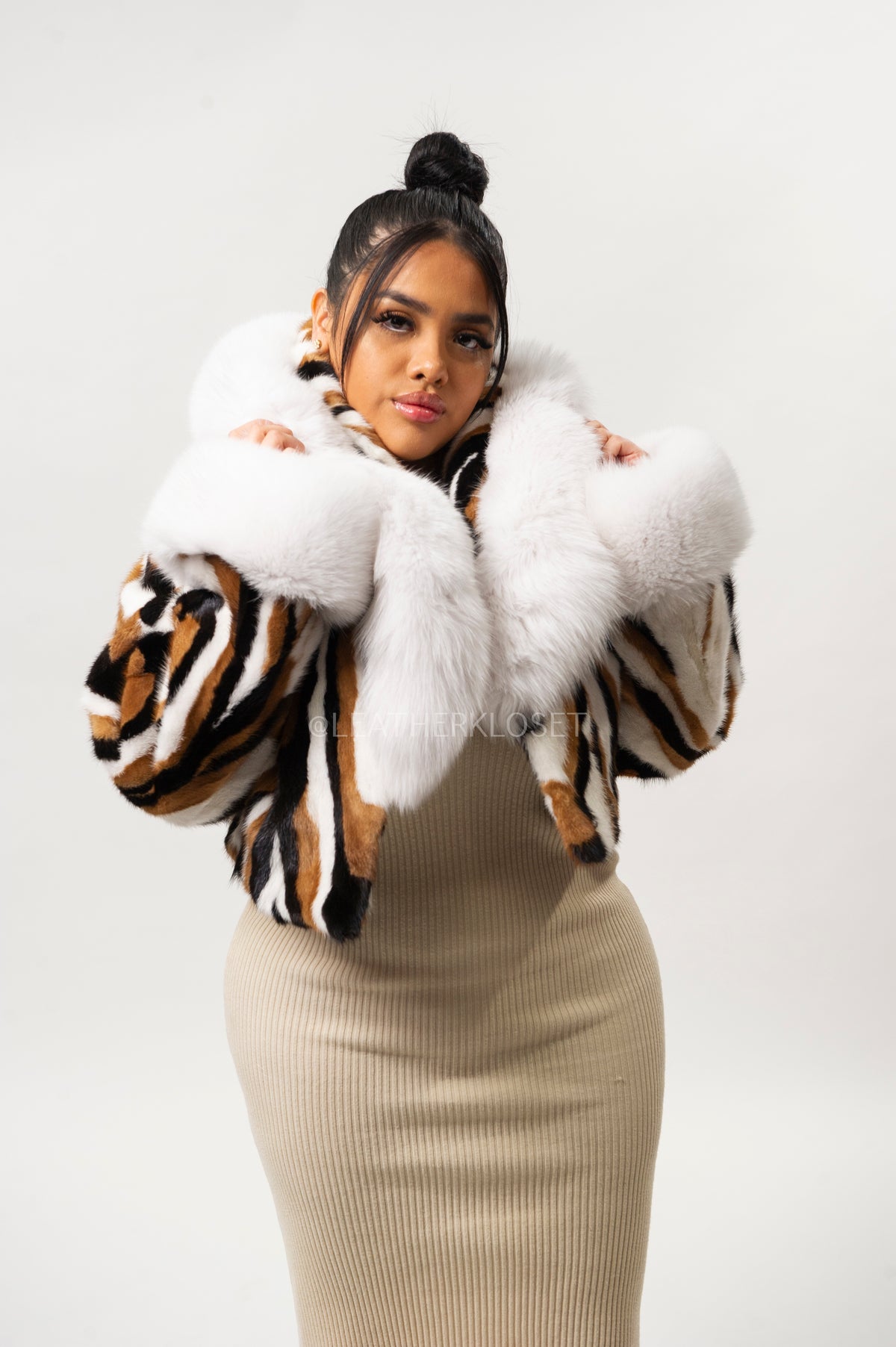 Women's Crop Mink Bomber With Hood [Multi-Color]