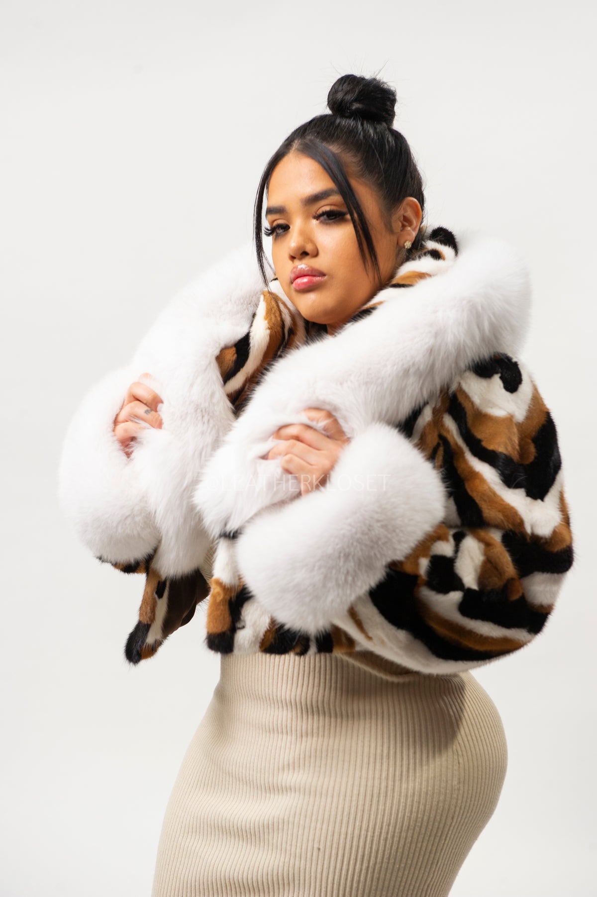 Women's Crop Mink Bomber With Hood [Multi-Color]