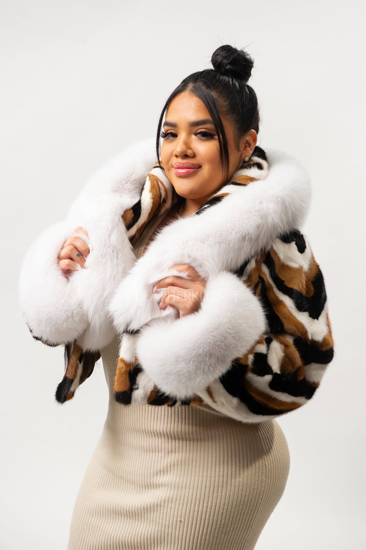 Women's Crop Mink Bomber With Hood [Multi-Color]