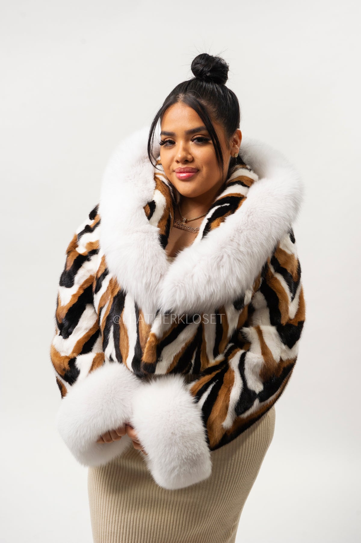 Women's Crop Mink Bomber With Hood [Multi-Color]