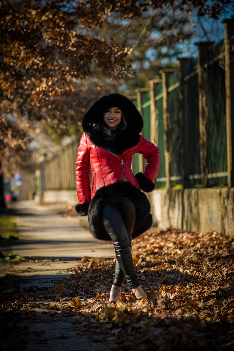 Women's Amber Shearling Sheepskin Jacket With Fox [Red/Black]