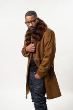 Men's Cashmere Trench Coat Brown With Chinchilla Collar