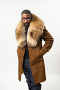 Men's Cashmere Trench Coat Brown With Fox Collar [Raccoon Fur]