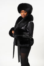 Women's Tina Leather Jacket With Full Fox Trimming With Headband [Black]