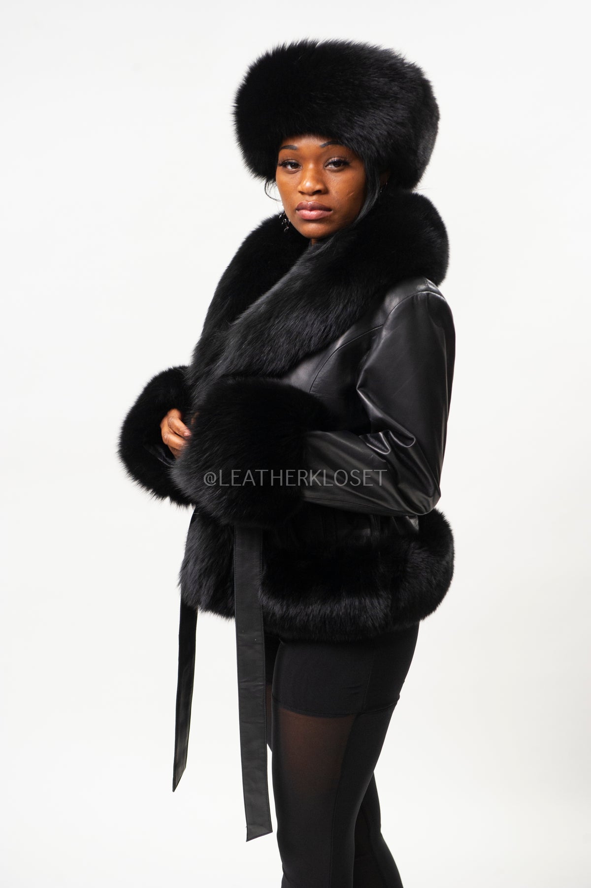 Women's Tina Leather Jacket With Full Fox Trimming With Headband [Black]