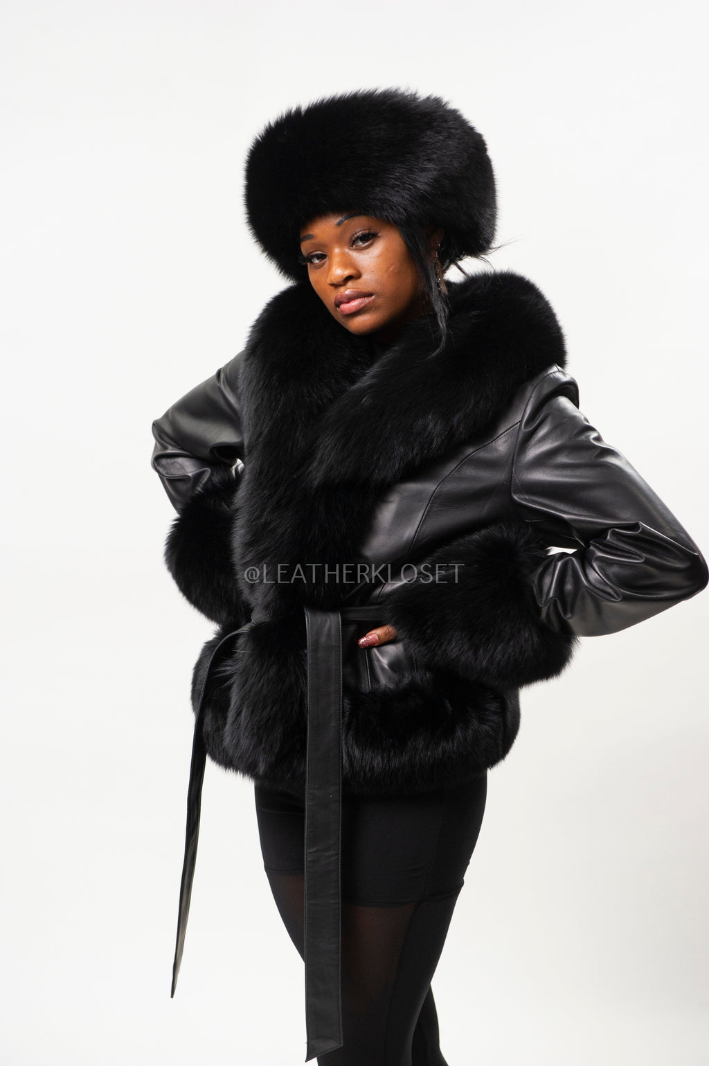 Women's Tina Leather Jacket With Full Fox Trimming With Headband [Black]