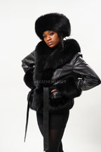 Women's Tina Leather Jacket With Full Fox Trimming With Headband [Black]
