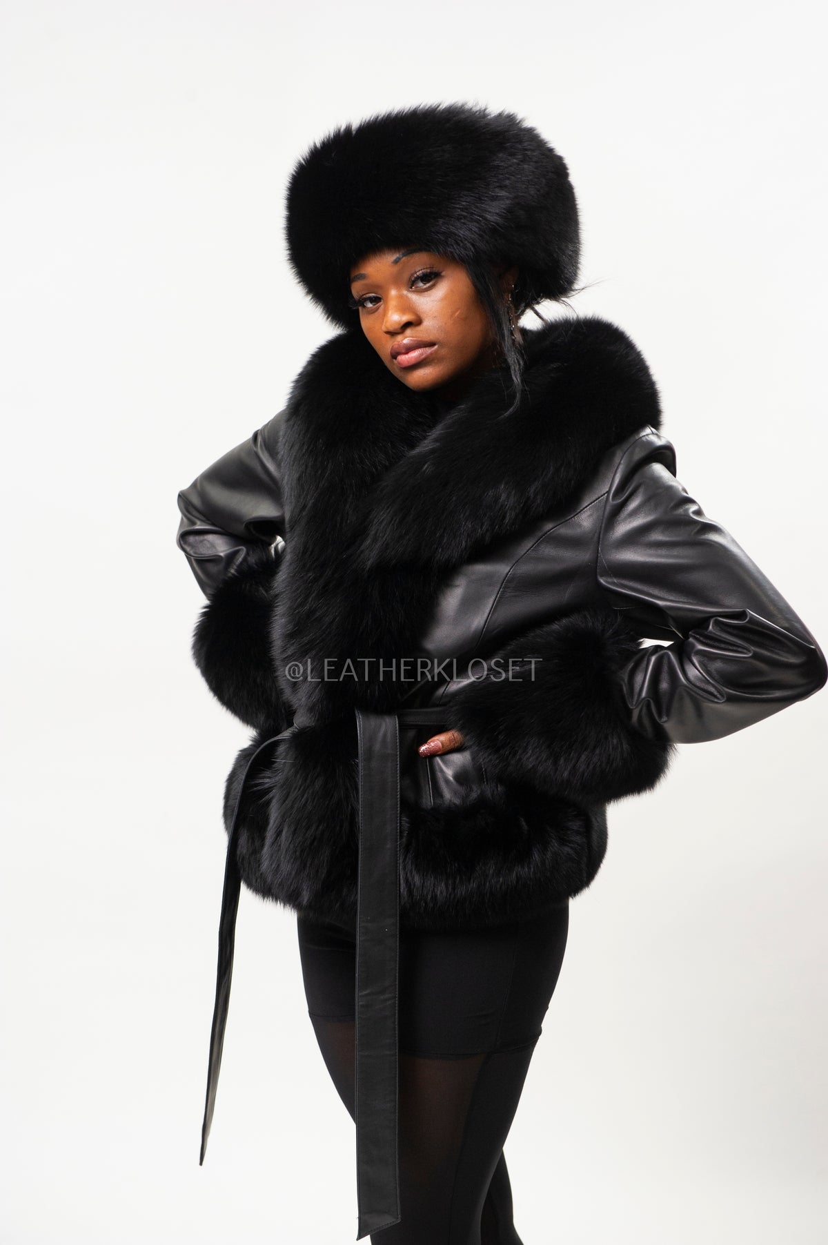 Women's Tina Leather Jacket With Full Fox Trimming With Headband [Black]