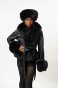 Women's Tina Leather Jacket With Full Fox Trimming With Headband [Black]